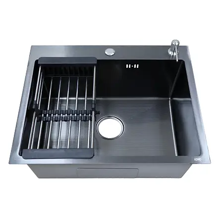 Кухонная мойка AZARIO NICOLE 500х500х220 нержавеющая сталь, в комплекте сифон, диспенсер, коландер, черная соты (AZB5050H)