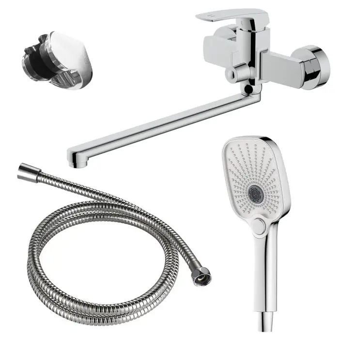 Смеситель для ванны Azario Conda керамический картридж, длинный излив, с ручным душем, шланг 150 см, хром (AZ-K1711)