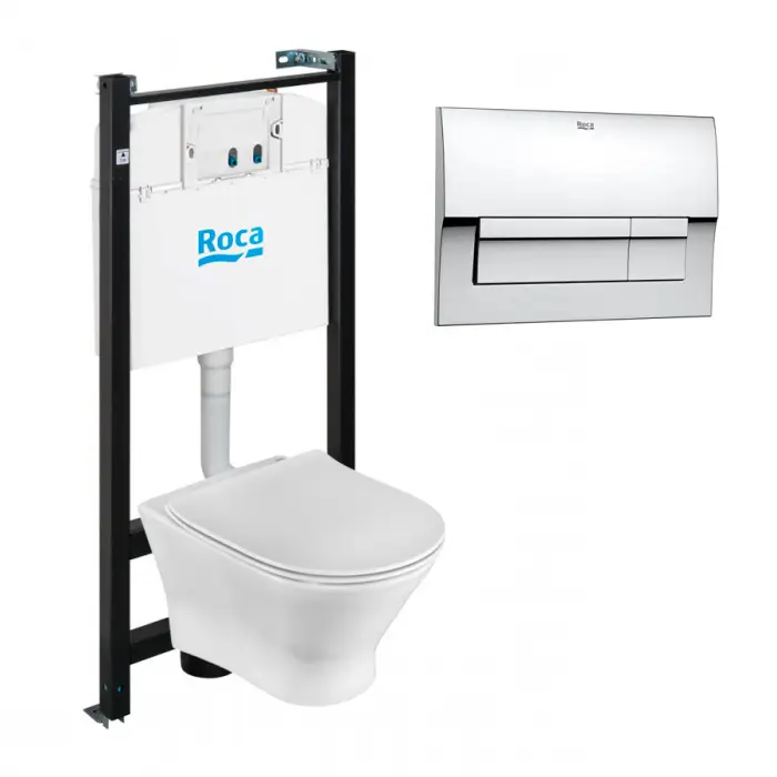 ПЭК Roca FARO: Инсталляция с подвесным унитазом, быстросъемное сиденье микролифт + Кнопка смыва Roca  Active В01, хром глянец (Z.RU93.0.761.3)