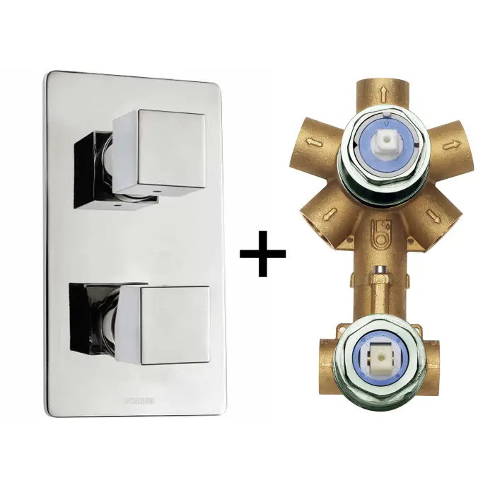 Комплект Bossini CUBE Смеситель для душа, встраиваемый, внешняя часть, хром + Универсальная встроенная часть для механического смесителя на 2-5 источников (Z00062.030+Z00130)