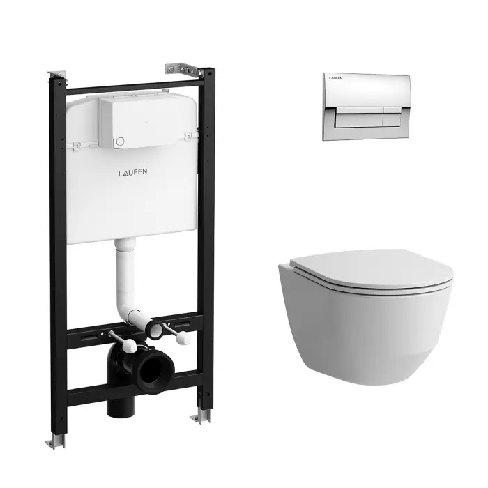 ПЭК Laufen PRO чаша унитаза подвесная Rimless с инсталляционной системой, тонким сиденьем микролифт  и клавишей смыва, хром глянец (Z.RU93.0.761.5)